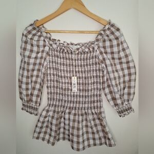 Max Studio Tan White Smocked Gingham Top Small Fall NWT Short Sleeve Checkered
